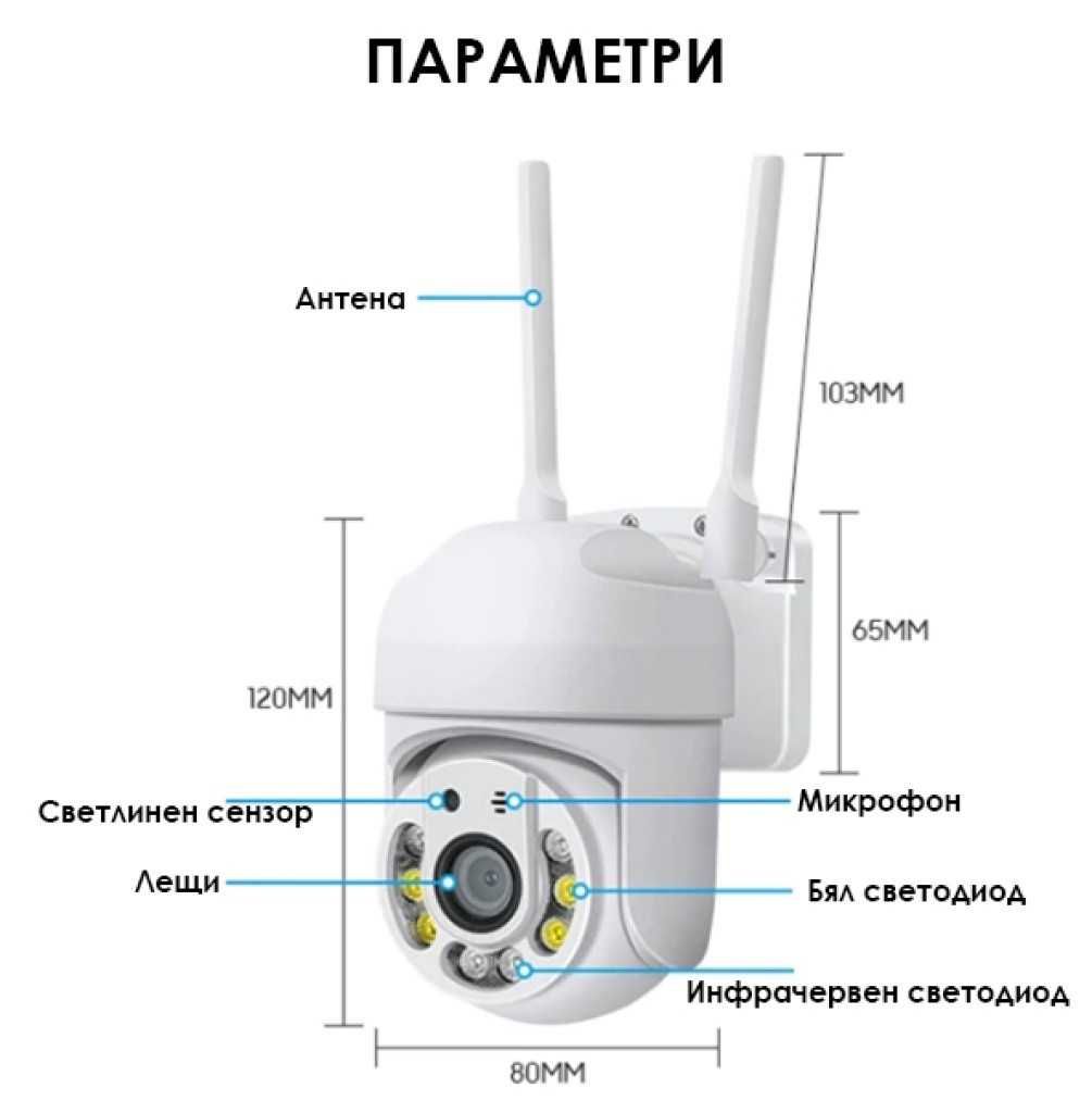 Wi-Fi камера за Видеонаблюдение, 2MP, HD, Аудио връзка, Аларма, 8 LED