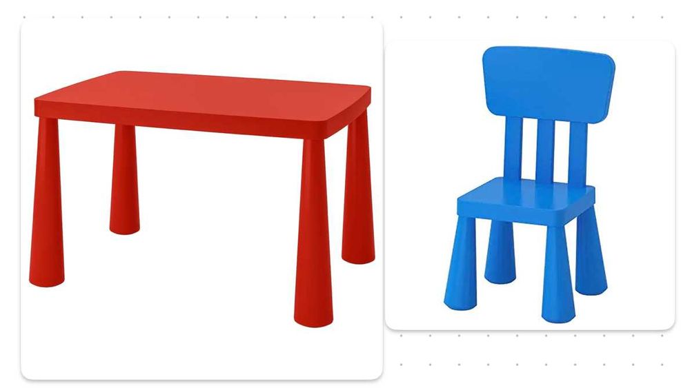 Masa rosie + scaun albastru Ikea MAMMUT interior/exterior pentru copii