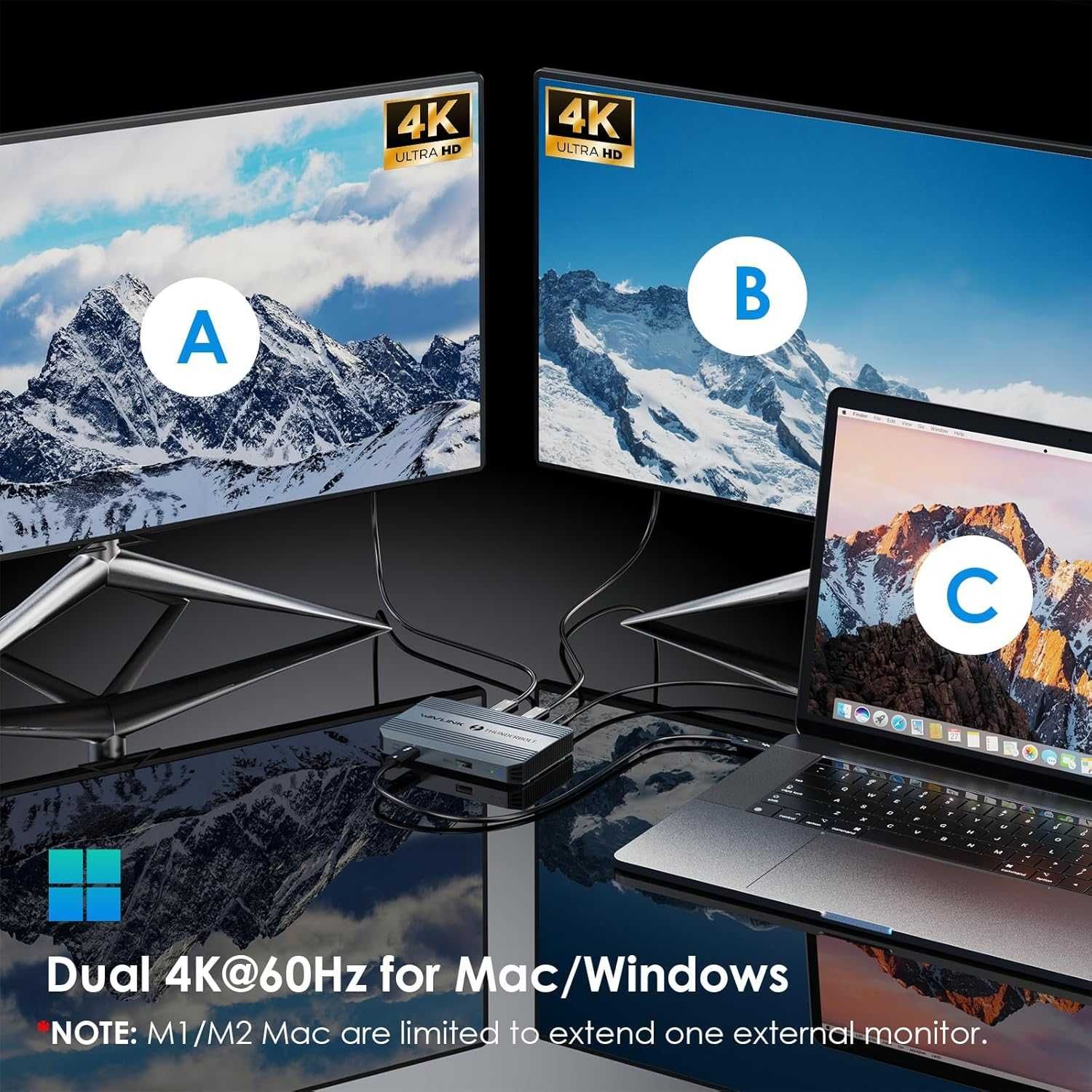 Докинг станция Thunderbolt 4, WAVLINK USB C хъб, двоен 4K/60Hz дисплей