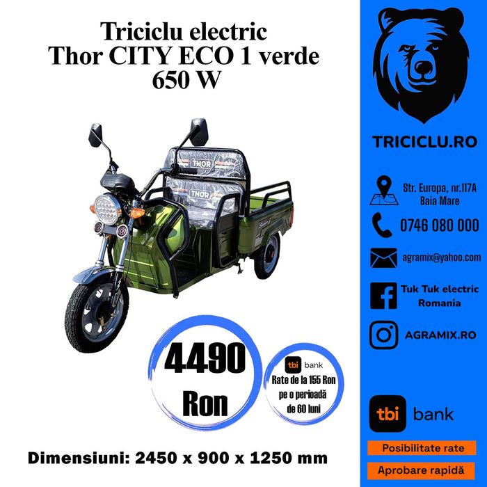 Triciclu electric Thor City Eco Blue Sky Thor Green Army Agramix
