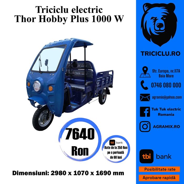 Triciclu NOU electric Thor Hobby cu cabina 1000W Agramix
