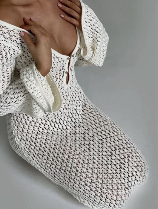 Rochie de Plaja Crosetata Alba Lunga