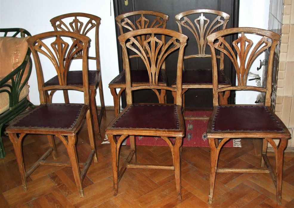 Set 6 scaune ”Art Nouveau” autentic din lemn sculptat cu piele GRENA