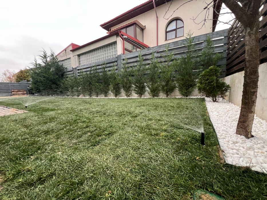 Amenajări grădini: Irigații Hunter, Gazon, Piatra Albă, Fertilizare.
