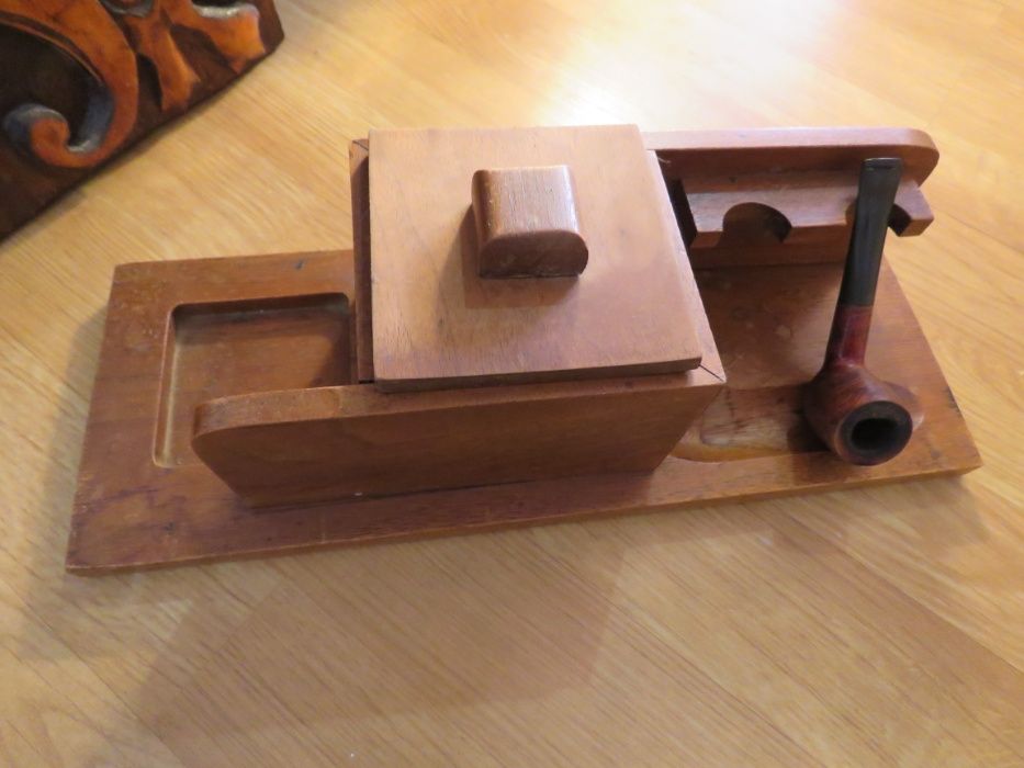 Дървена поставка - Стар набор поставка за две лули, кутия за съхранени