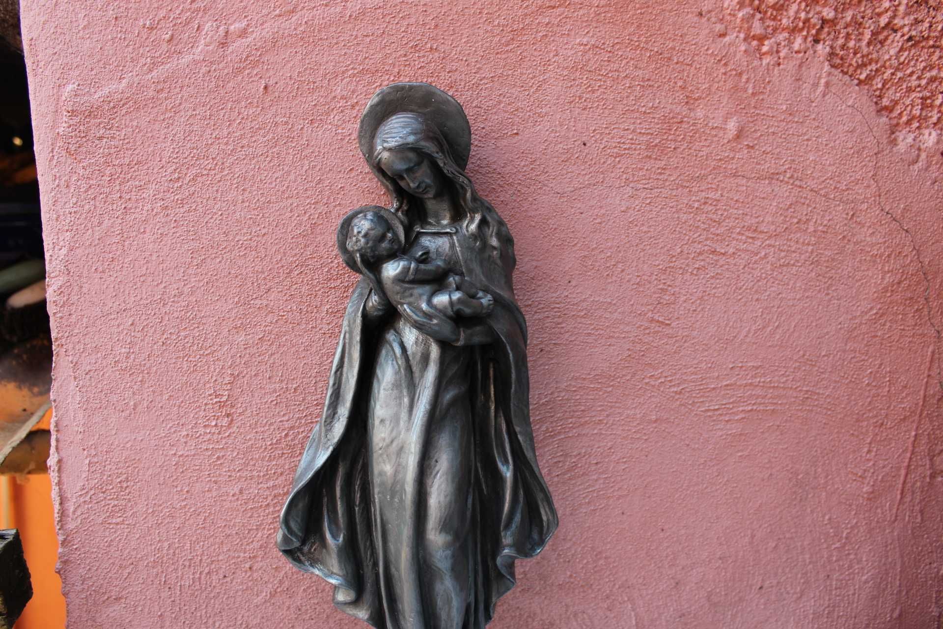 Sculptura metal - staniu, Fecioara MARIA si IISUS, lucrata de mana