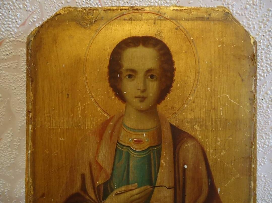 Икона Святой мученик Пантелеймон. Сусальное золото. Афон! 19 век.