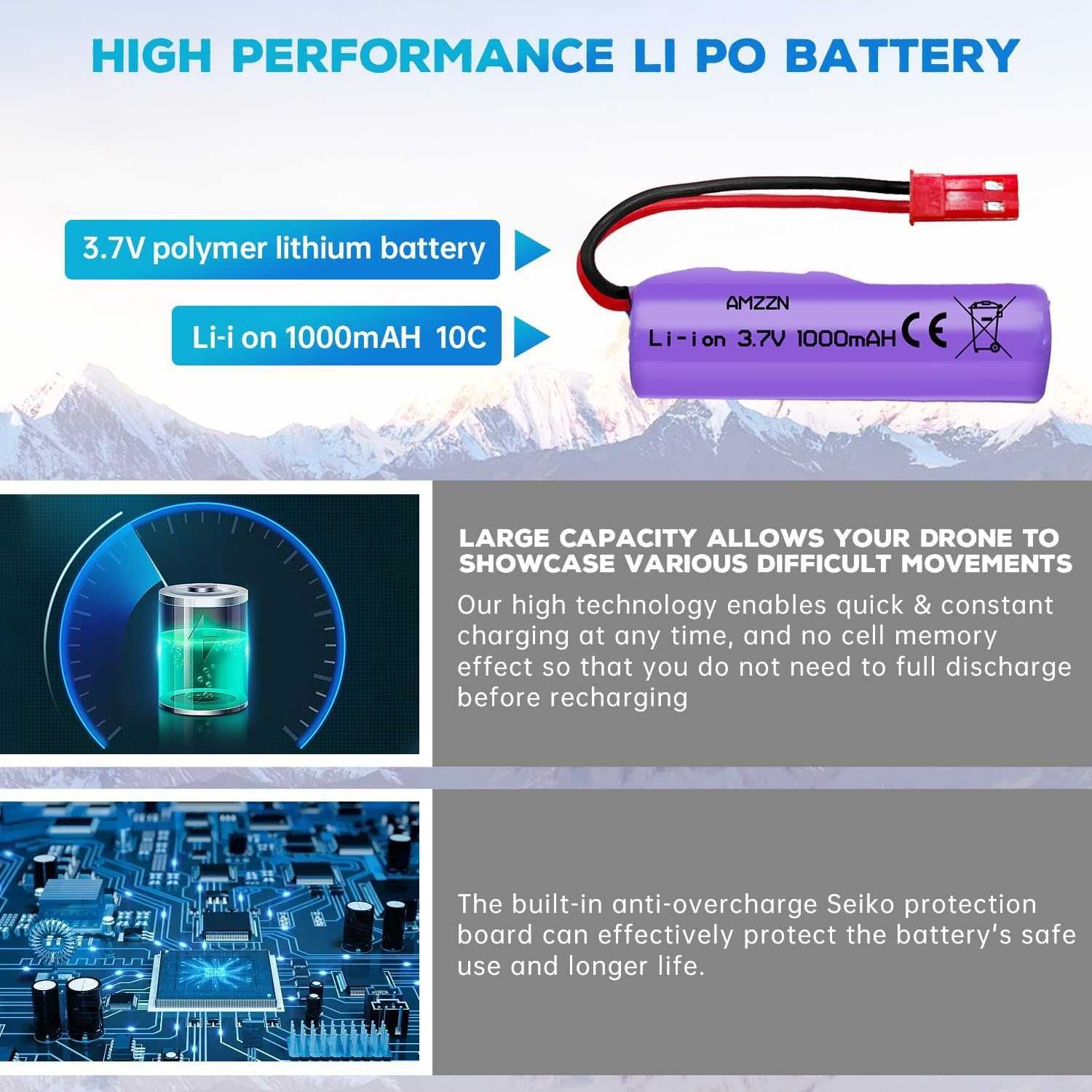 2 бр. 3.7V 1000mAh литиево-йонна батерия