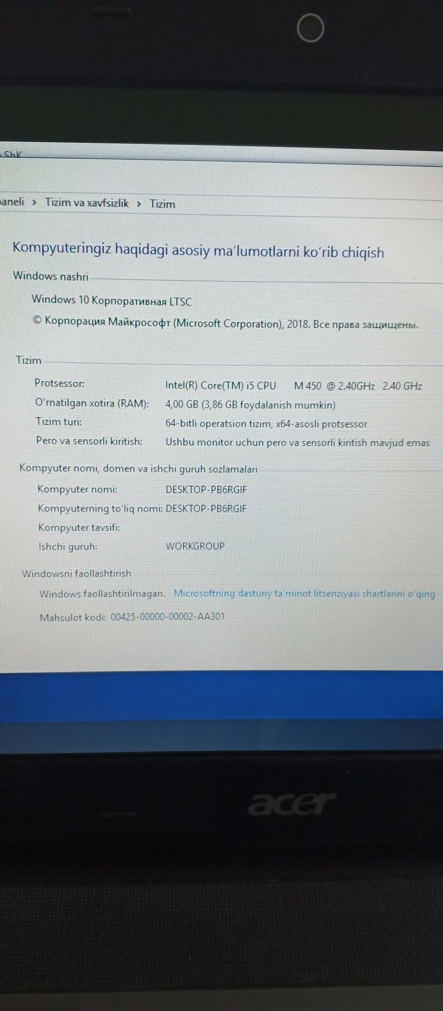 Aser Aspire 4741G M450.core i5.ozu 4gb noutbuk sotiladi