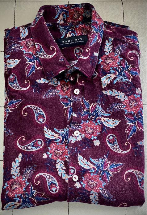 Риза ZARA MAN бордо с флорален пейсли принт номер L