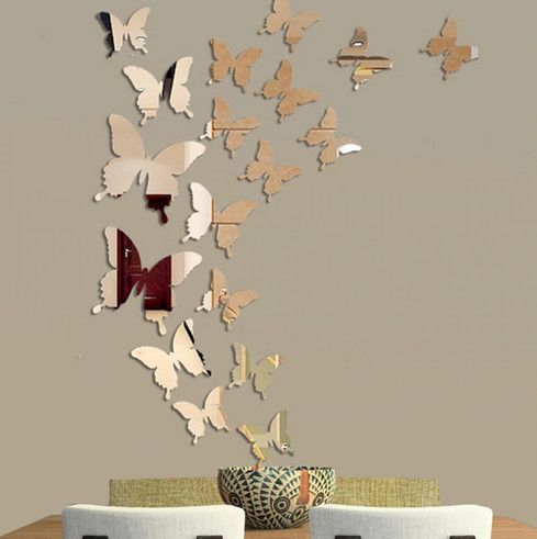 3D огледални златисти или сребристи пеперуди арт стил и декорация