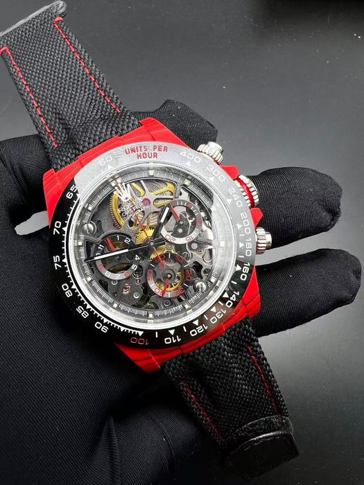 Ceas Rolex Daytona Cosmograph – skeleton, curea textilă roșu/negru