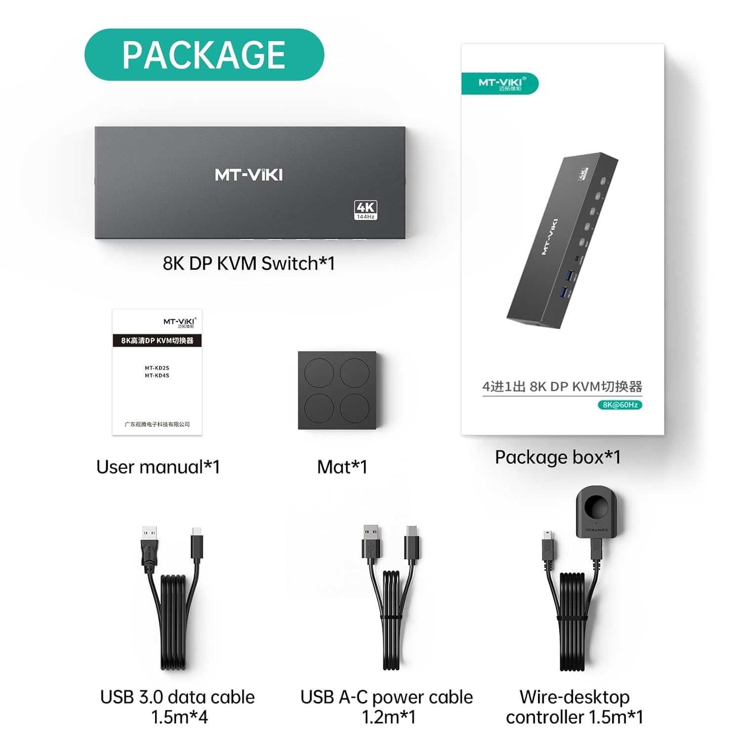 MT-VIKI 8K Displayport KVM суич 4 входа 1 изход DP1.4, 4 USB 3.0 порта
