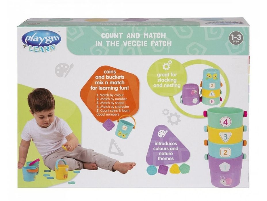 Активна играчка за броене и сортиране Playgro - Кофички с жетони 12М+