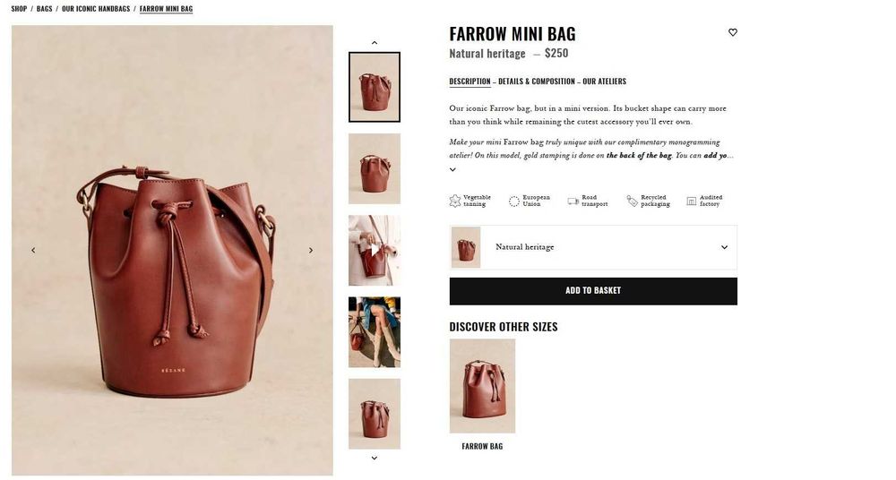 Дамска чанта Sezane - Естествена телешка кожа и златни орнаменти