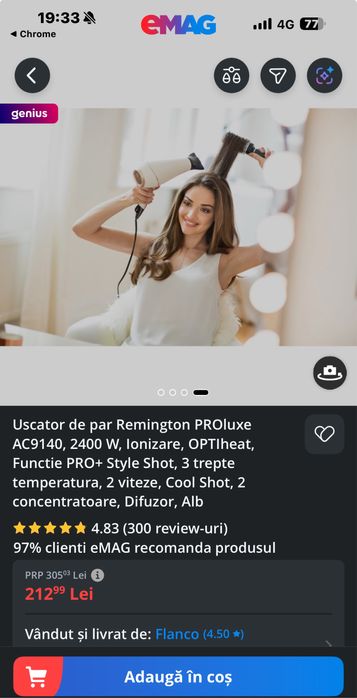 Uscator Remington PROluxe AC9140, 2400 W, 3 trepte temperatura, Alb