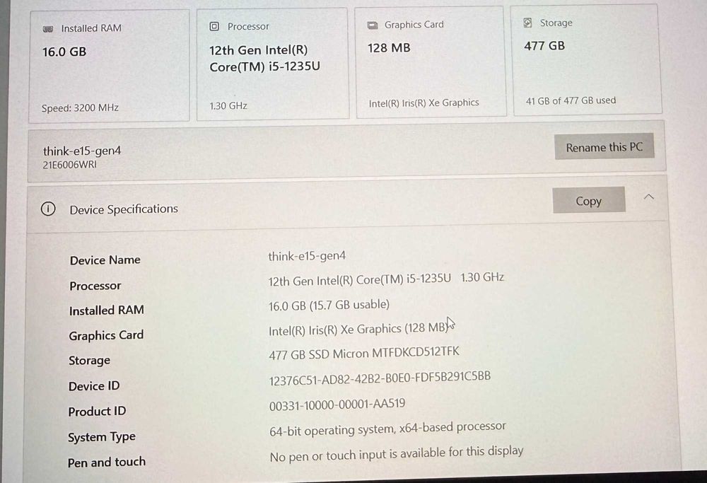 Vand laptop 15.6" Lenovo Thinkpad E15 Gen4 i5-1235U 16gb 512gb ssd