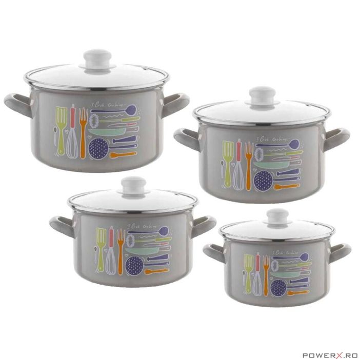 Oala Staffio, cu capac din sticla, otel carbon, emailata, gri, 16cm-2,