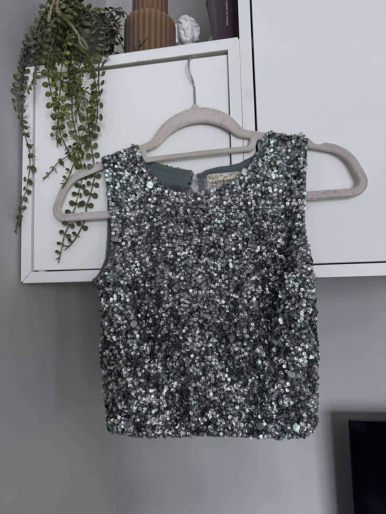 Официален потник топ с пайети зелен lace&beads