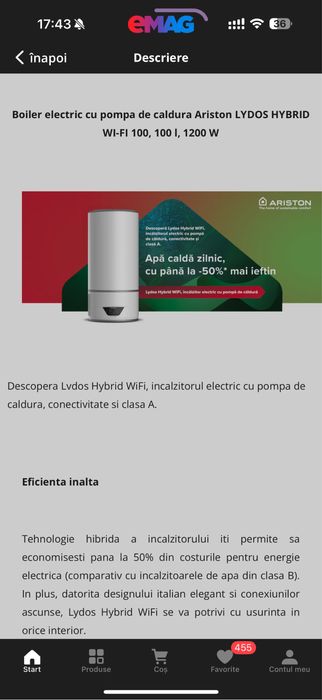 Boiler electric cu pompa căldura garantie Ariston Hybr wifi 100L 1200w
