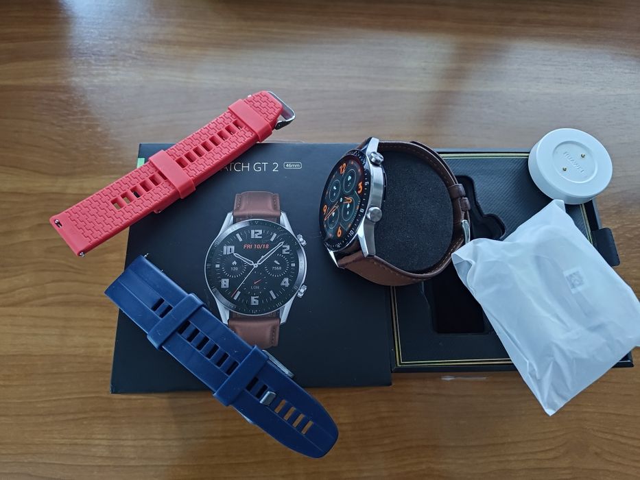 Ceas Smartwatch Huawei GT2 46mm curea piele maro si 2 curele siicon