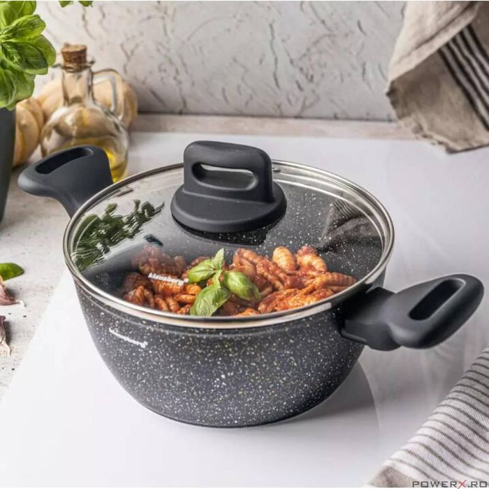 Oala cu capac, aluminiu turnat, marmorata, neagra, 20cm, 2.36l,