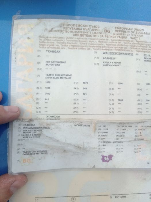 Acte Bulgaria - carte talon - a4 , 406  , alfa 147 , nu trimit