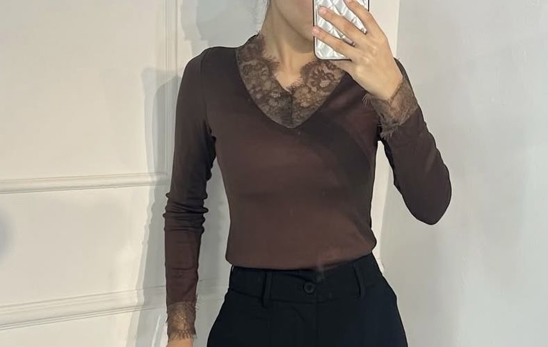 Кружовый Лонгслив коричнвый