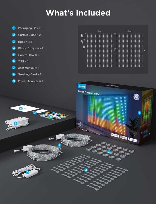 Нови Govee Curtain Lights 2 - Смарт LED Завеса (3х2м, 1040 диода)