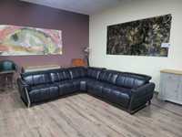 Дизайнерски черен кожен ъглов диван с електрически релакс механизъм