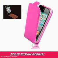 Husa Eleganta TOC Piele ROZ iPhone 4 / 4S + Folie