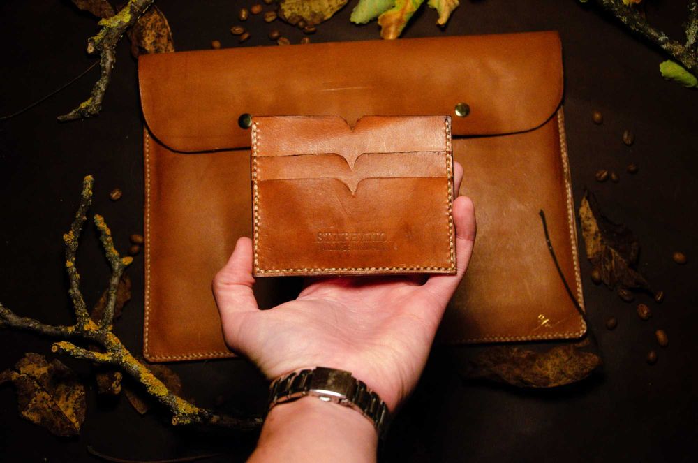 Portcard piele naturală maro handmade - Staphano