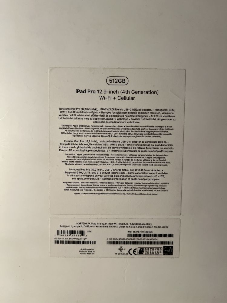 iPad Pro 12.9-inch (4th) Wi-Fi + Cellular, 512GB, Space Gray