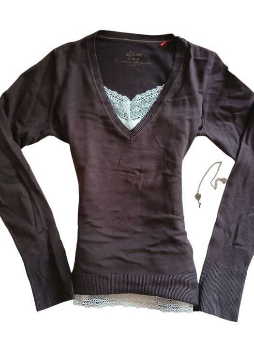 V neck кафяв Y2k пуловер