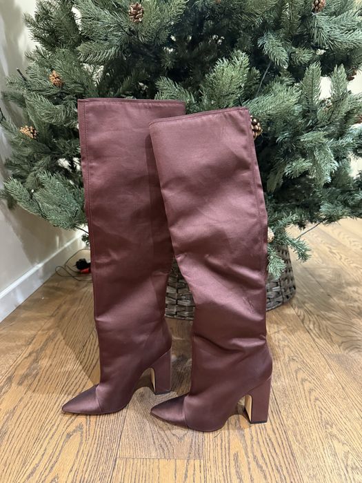 Нови ботуши Zara до коляното на ток, бордо, от твърд промазан плат