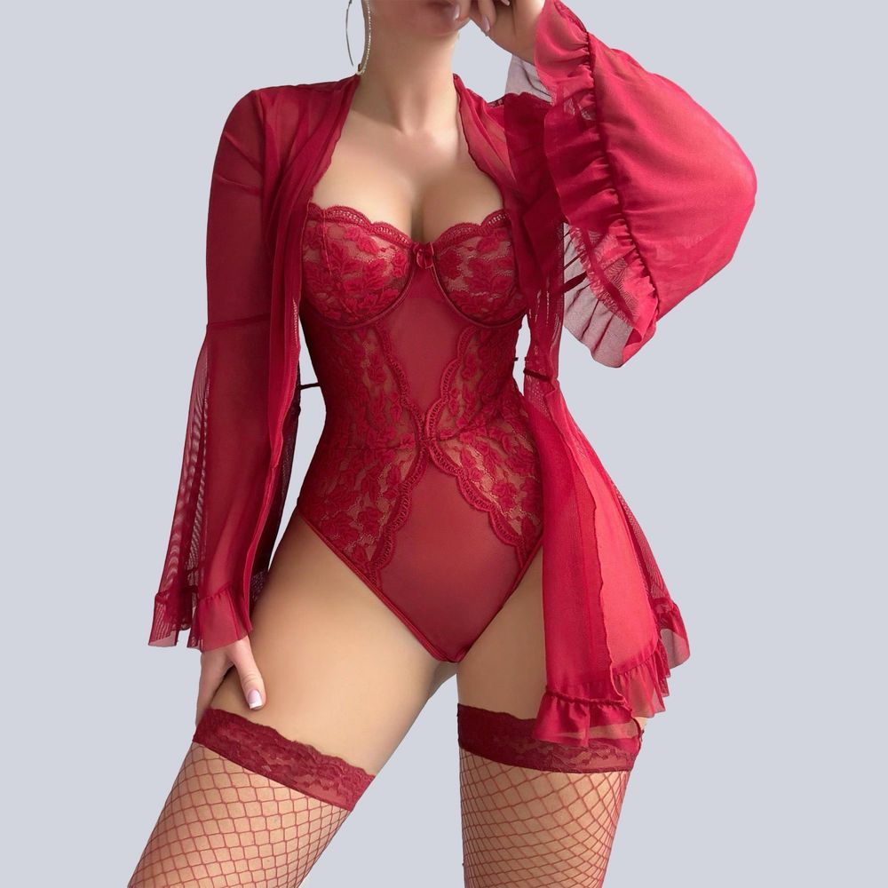 RED Seduction - комплект с халат, боди и чорапи