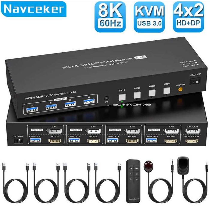 8K HDMI+DP KVM превключвател 4x2