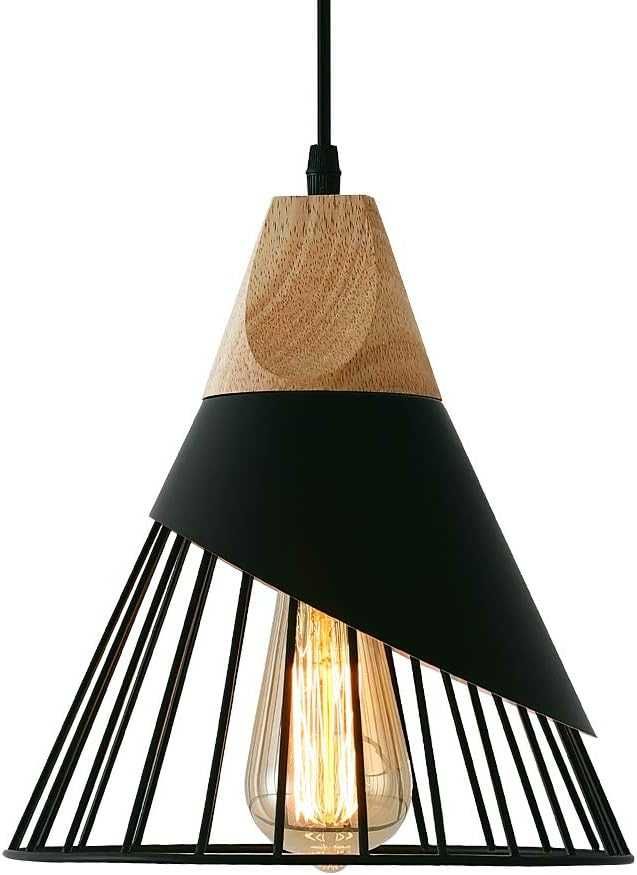 Lampă suspendată vintage din lemn metal, industrială, abajur negru A+