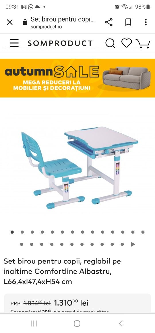 Birou albastru copii reglabil pe inaltime cu scaun