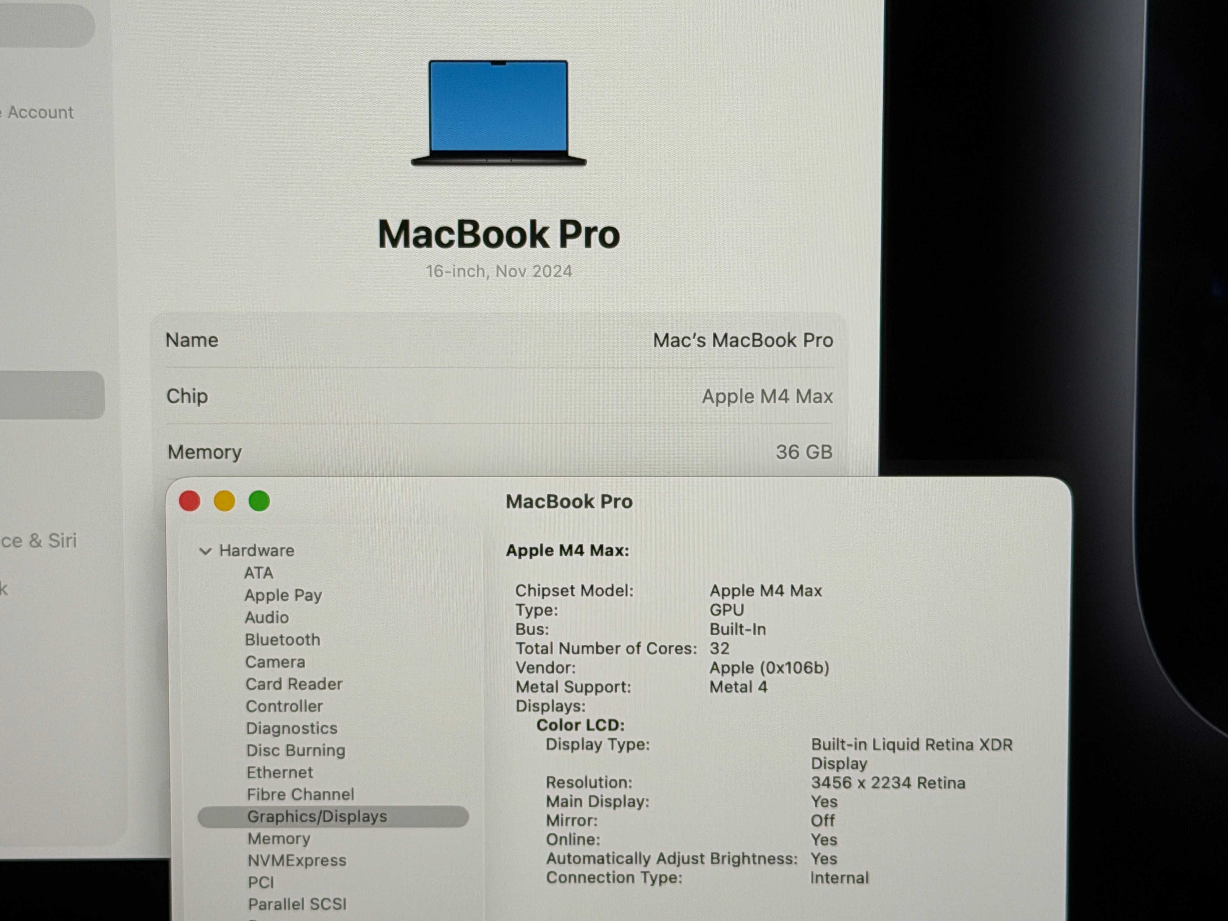 MacBook Pro 16`M4 MAX/14 CPU/32 GPU/36GB RAM/1TB SSD/27 Месеца Гаранция/Батерия 100%-40 Цикъла/Space Black — миниатюра 5