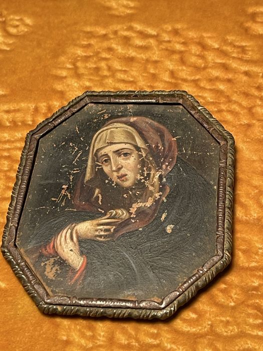 Pictură veche pe metal – temă religioasă „Mater Dolorosa”