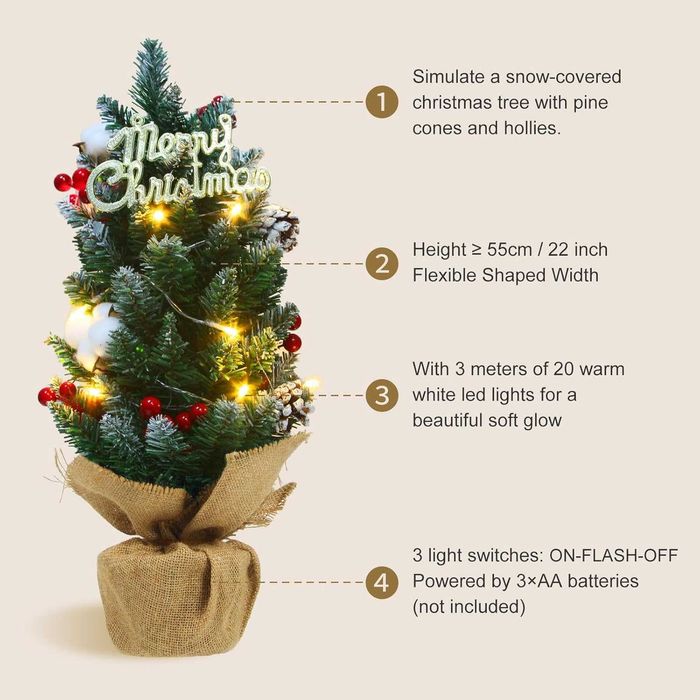 Коледна елха дръвче с украса и лампички 55см