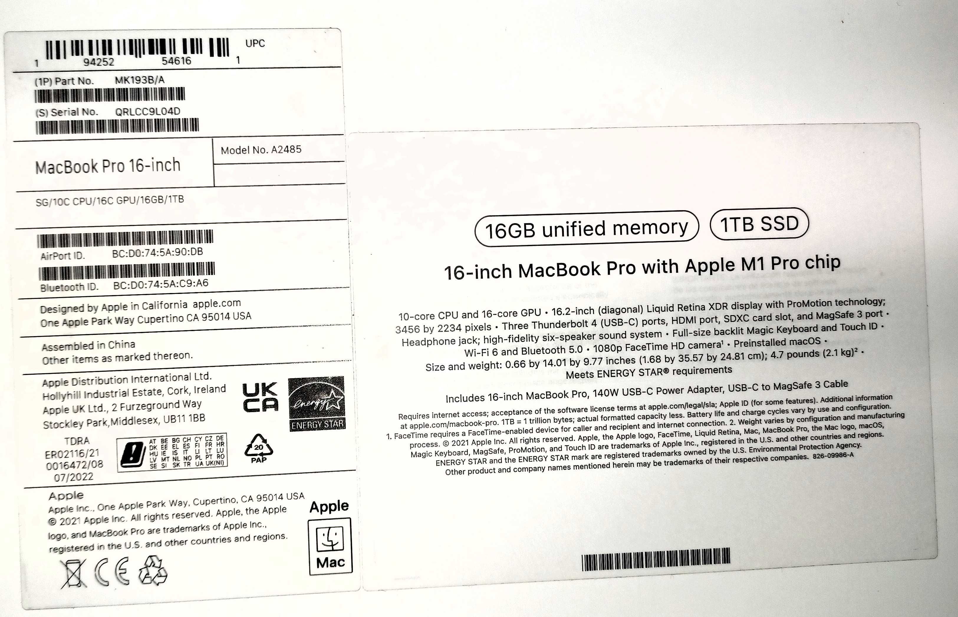 MACBook PRO Apple, diagonala 16", 1TB SSD,Procesor M1 PRO,16 GB RAM