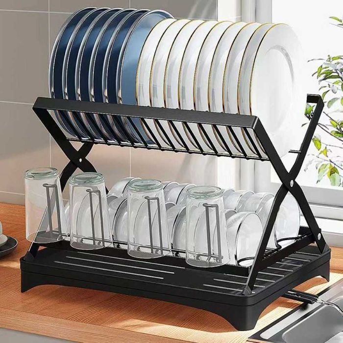 Scurgator vase cu 2 nivele, pliabil, sistem de scurgere, negru