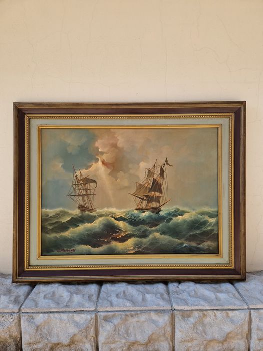 Страхотна антикварна авторска картина масло върху платно