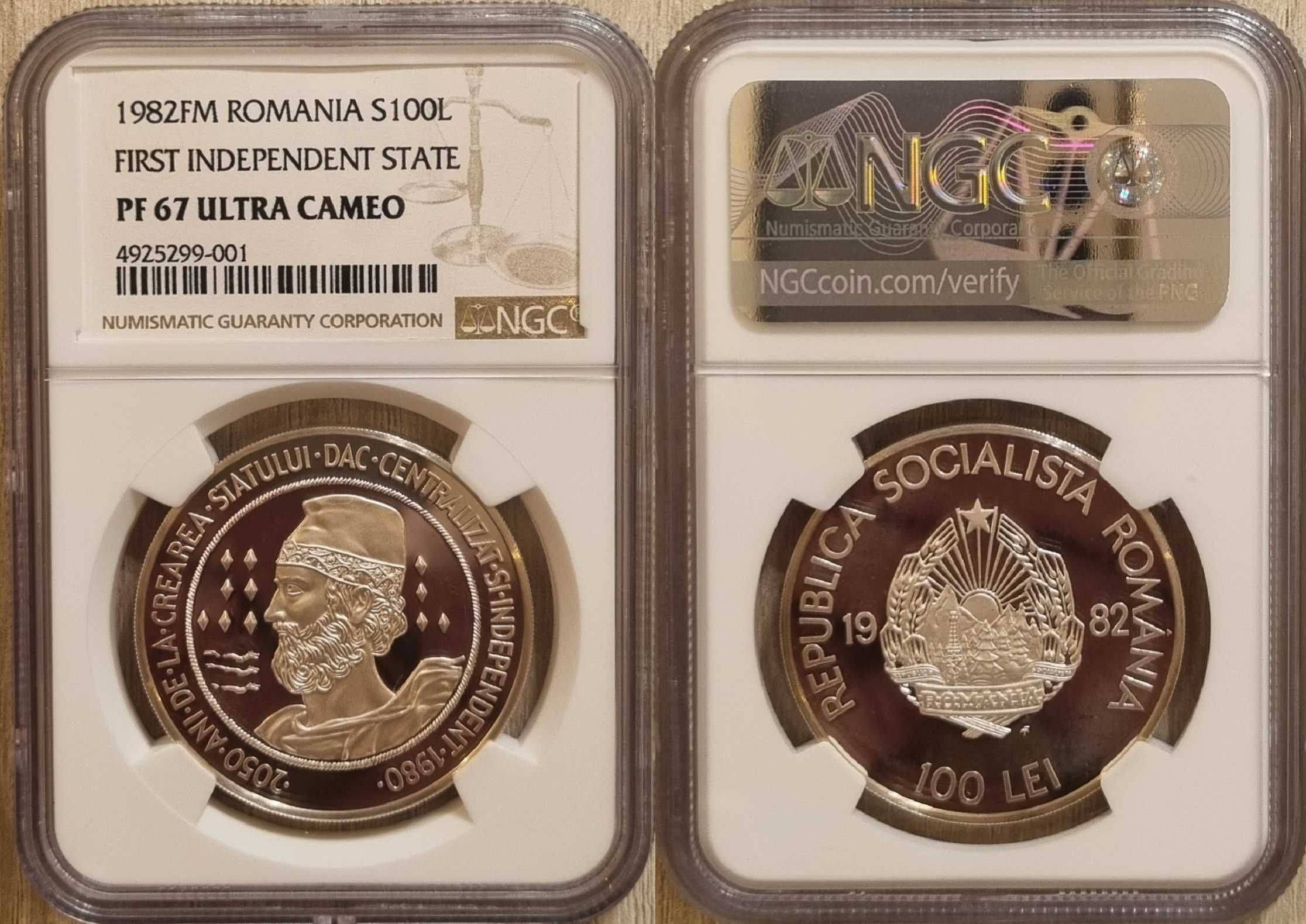 Moneda argint 100 lei Statul Dac 1982 gradata NGC PF67 Ultra Cameo.