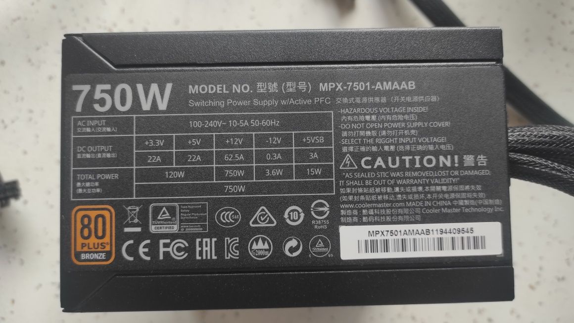 80+ Bronze 750W Cooler Master MasterWatt TUF Gaming