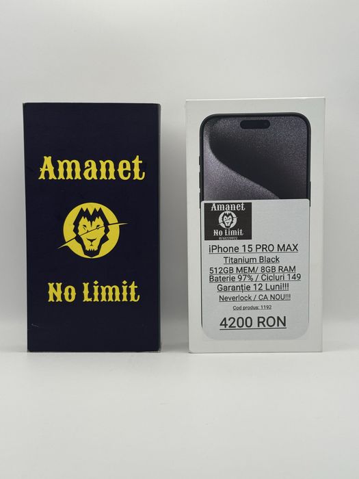 iPhone 15 Pro Max Titanium Black 512GB Ca Nou,Garantie 1An Folie Cadou