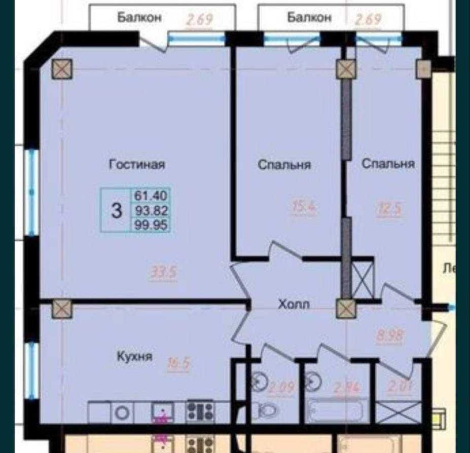 Квартира в жк Олимп, 100м2, 3 ком, 4 этаж, ор-р паркенский базар