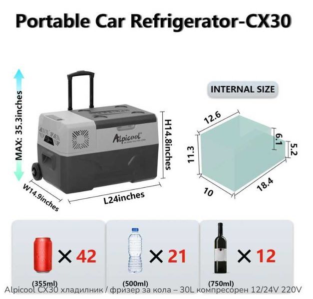 Хладилна чанта Alpicool – 30L компресорен 12/24V 220V